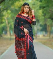 Black Red Halfsilk Embroidery Saree ( CODE:- ES-57 )